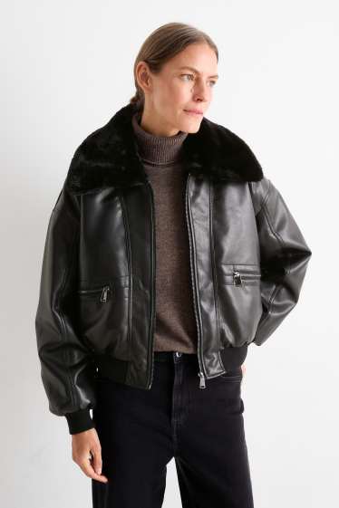 Damen - Bomberjacke mit Kunstfellbesatz - Lederimitat - schwarz