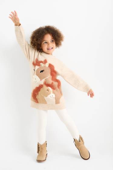 Enfants filles - Chevaux - ensemble - robe de maille et collants - 2 pièces - marron clair