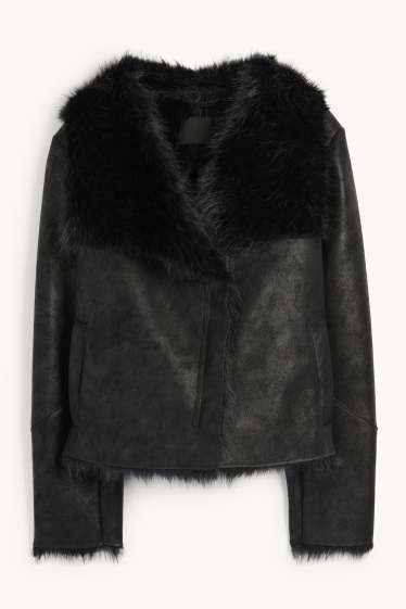 Femei - Jachetă din piele shearling falsă - imitație de piele - negru