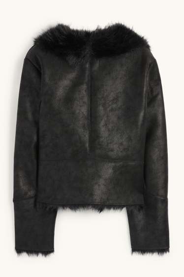 Femei - Jachetă din piele shearling falsă - imitație de piele - negru