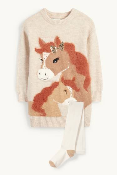 Enfants filles - Chevaux - ensemble - robe de maille et collants - 2 pièces - marron clair