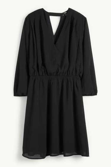 Women - V-neck chiffon dress - textured - black