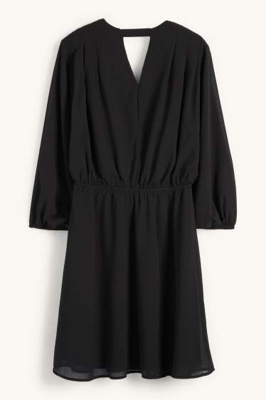 Women - V-neck chiffon dress - textured - black