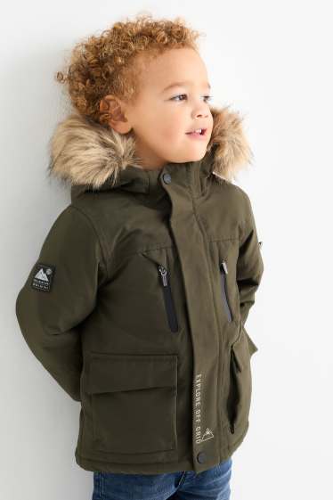 Enfants garçons - Veste à capuche, dotée d'une garniture d'imitation fourrure - imperméable - vert foncé