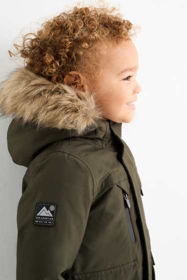 Enfants garçons - Veste à capuche, dotée d'une garniture d'imitation fourrure - imperméable - vert foncé