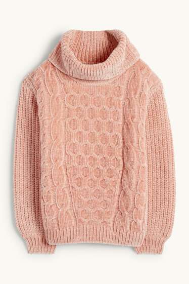 Enfants filles - Pull à col roulé en maille chenille - côtelé - motif tressé - rose foncé