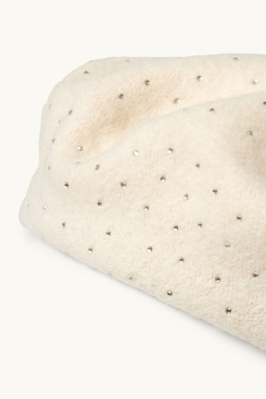 Women - Woollen beret with rhinestones - cremewhite