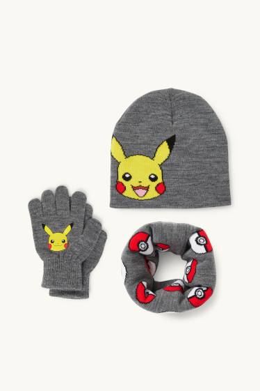 Bambini - Pokémon - Pikachu - set - cappello, scaldacollo e guanti - grigio scuro