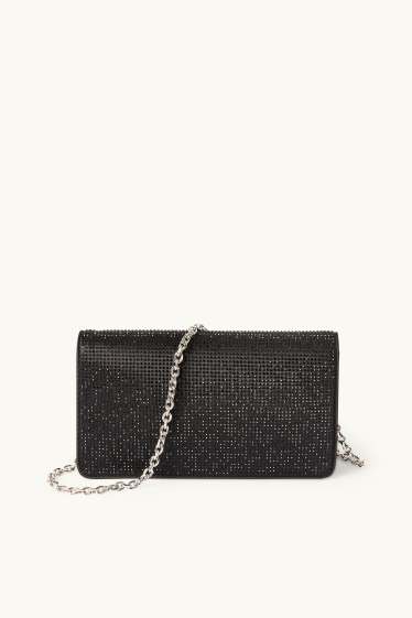 Dames - Schoudertas met afneembare riem en strass-steentjes - zwart