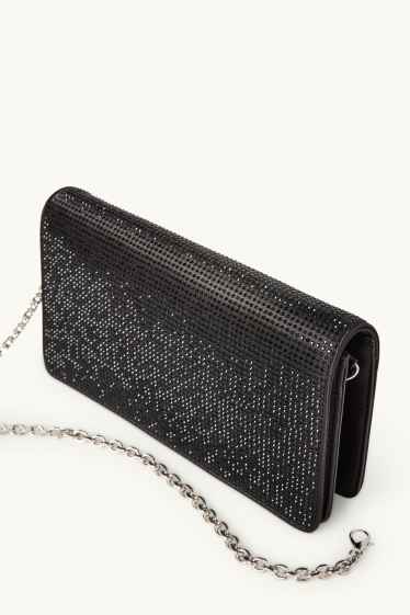 Dames - Schoudertas met afneembare riem en strass-steentjes - zwart
