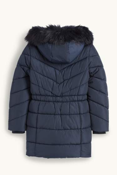 Bambine - Cappotto trapuntato con cappuccio e riporto di ecopelliccia. - blu scuro