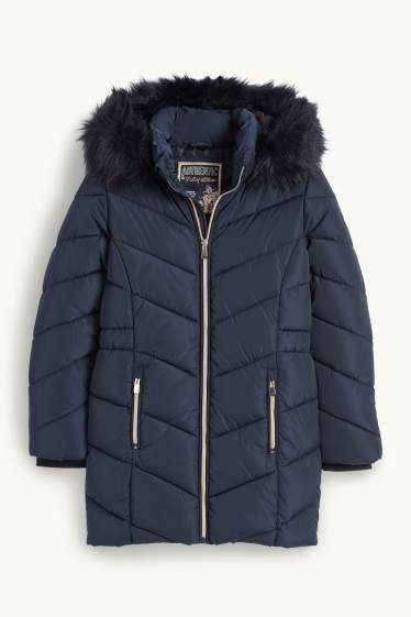 Bambine - Cappotto trapuntato con cappuccio e riporto di ecopelliccia. - blu scuro
