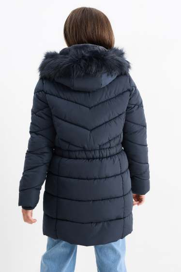 Bambine - Cappotto trapuntato con cappuccio e riporto di ecopelliccia. - blu scuro