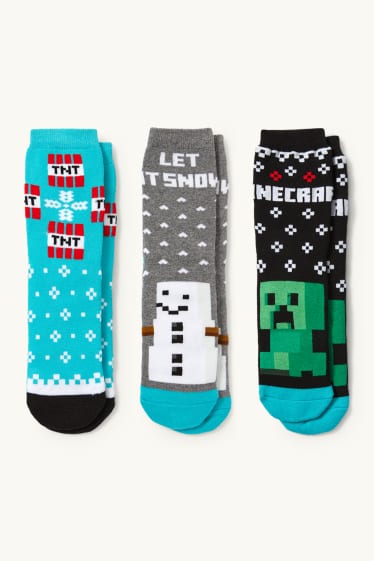 Kinderen: jongens - Set van 3 paar - Minecraft - warme sokken voor de kerst, met motief - grijs / zwart