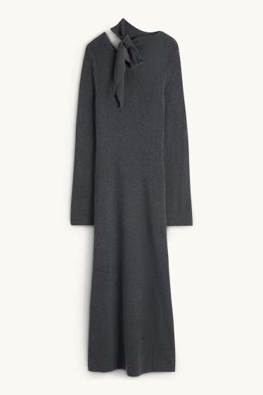 Women - Knitted dress with knot detail - ribbed - dark gray