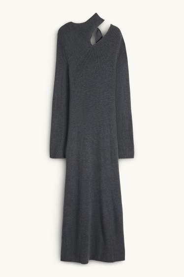 Women - Knitted dress with knot detail - ribbed - dark gray