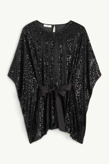 Damen - Pailletten-Cape mit Gürtel - glänzend - schwarz