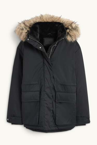 Damen - Parka mit Kapuze und Kunstfellbesatz - schwarz