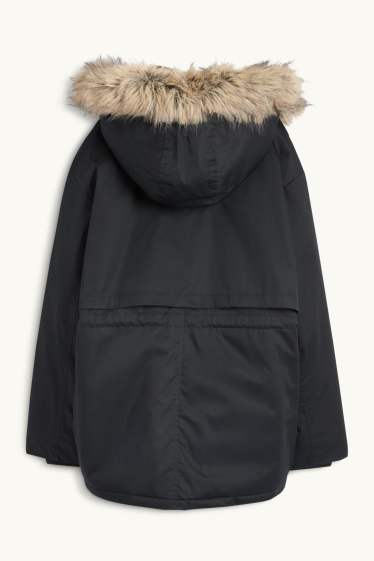 Damen - Parka mit Kapuze und Kunstfellbesatz - schwarz