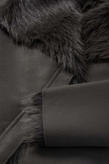 Dames - Imitatie shearling jas - imitatieleer - donkergrijs