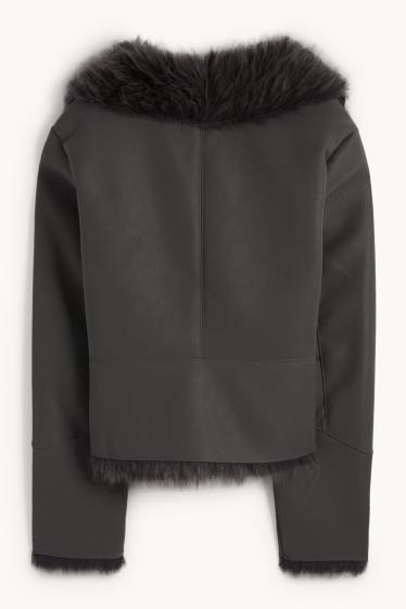 Dames - Imitatie shearling jas - imitatieleer - donkergrijs