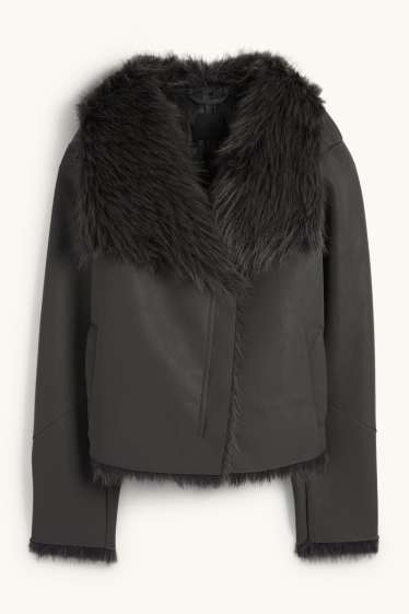 Dames - Imitatie shearling jas - imitatieleer - donkergrijs