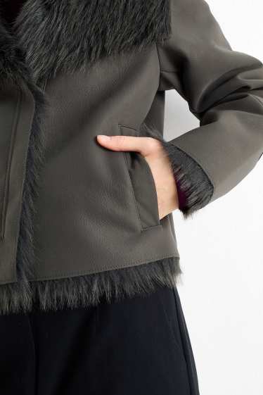 Dames - Imitatie shearling jas - imitatieleer - donkergrijs