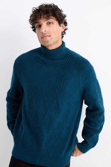 Uomo - Maglione con collo a dolcevita - tramato - blu scuro