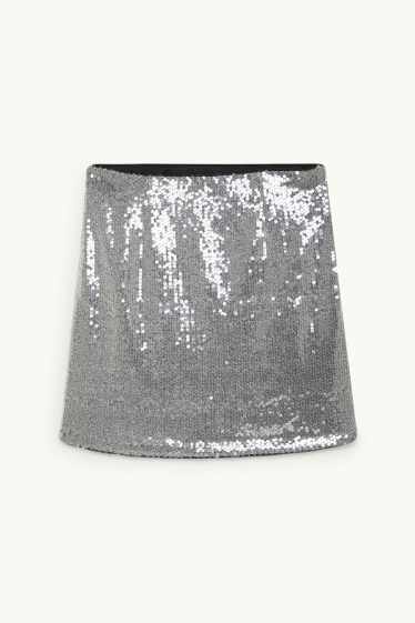 Damen - Pailletten-Minirock - silber