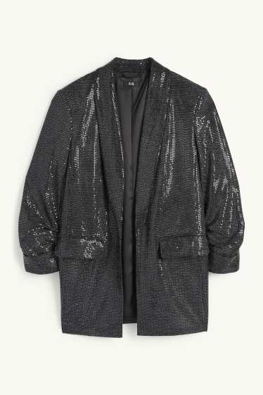 Damen - Pailletten-Longblazer - Relaxed Fit - schwarz