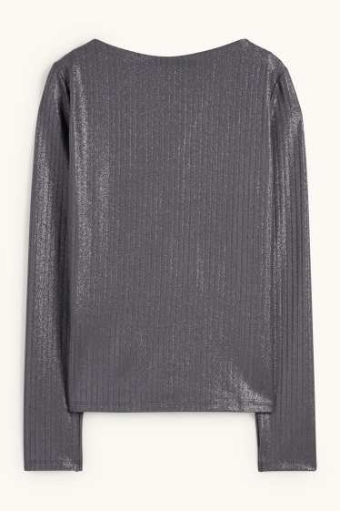 Damen - Langarmshirt - gerippt - glänzend - dunkelgrau