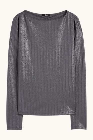 Damen - Langarmshirt - gerippt - glänzend - dunkelgrau