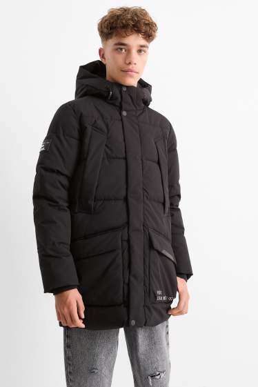 Kinder Jungen - Steppjacke mit Kapuze - wasserabweisend - schwarz
