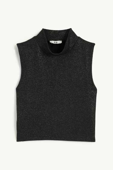 Dámské - Krátký top - žebrovaný - s třpytivým efektem - černá