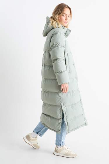Women - Quilted coat with hood - light green