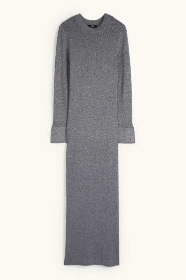 Women - Knitted dress with slit - ribbed - shiny - dark gray