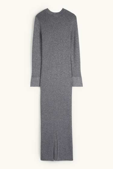 Women - Knitted dress with slit - ribbed - shiny - dark gray