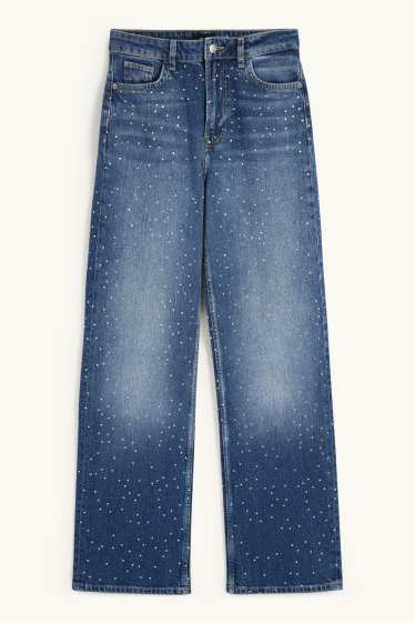 Damen - Straight Jeans mit Strasssteinen - High Waist - jeansblau