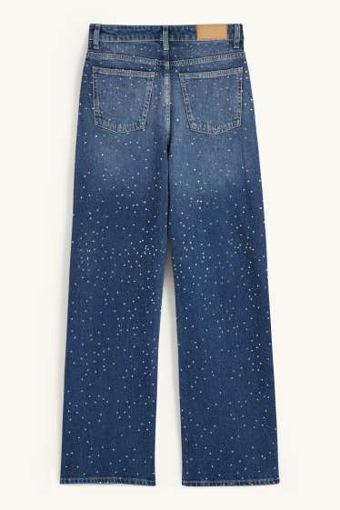 Damen - Straight Jeans mit Strasssteinen - High Waist - jeansblau