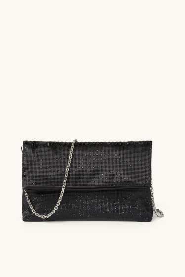 Dames - Schoudertas met strass steentjes en afneembare draagriem - zwart