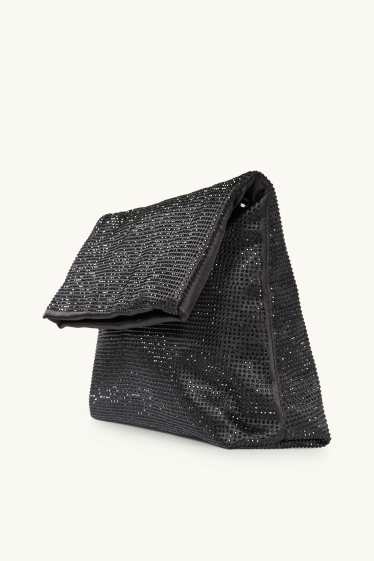 Dames - Schoudertas met strass steentjes en afneembare draagriem - zwart