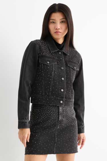 Femmes - Veste en jean orné de strass - jean gris foncé
