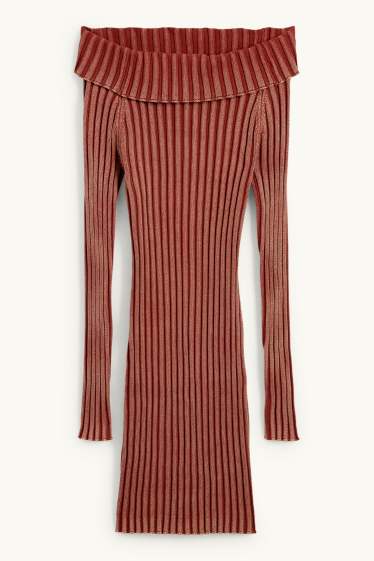 Women - Bodycon off-shoulder dress - ribbed - rust