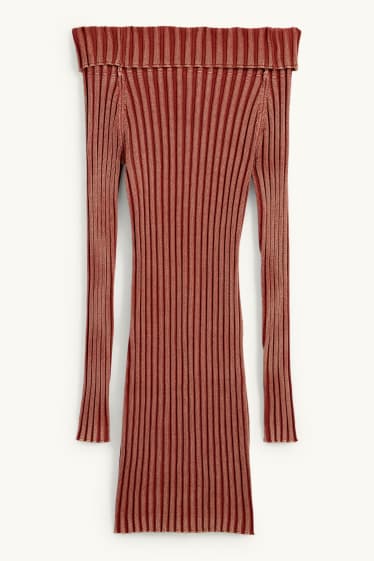Women - Bodycon off-shoulder dress - ribbed - rust