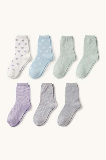 Children Girls - Multipack of 7 - heart - socks with motif - patterned - mint green