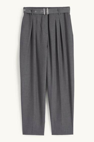 Kobiety - Spodnie materiałowe z paskiem - wysoki stan - tapered fit - ciemnoszary
