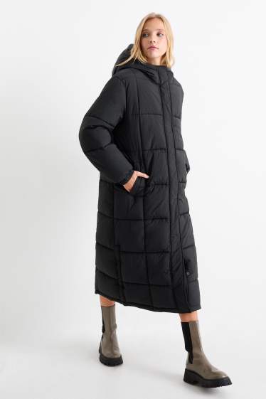 Damen - Steppmantel mit Kapuze - schwarz