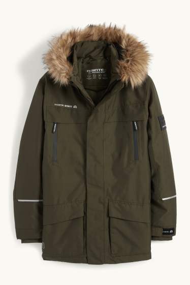 Bambini - Parka con cappuccio e inserto in ecopelliccia - inverno - impermeabile - verde scuro