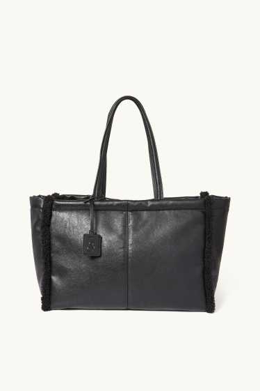 Damen - Großer Shopper - Lederimitat - schwarz