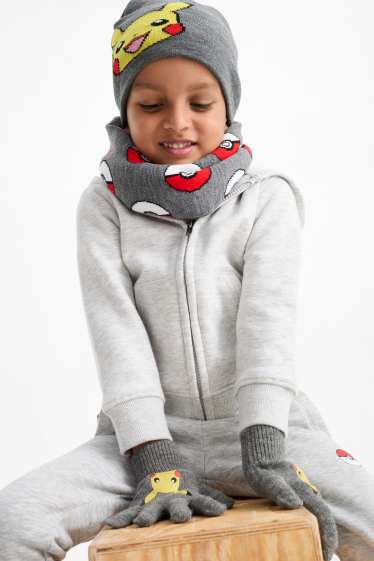 Bambini - Pokémon - Pikachu - set - cappello, scaldacollo e guanti - grigio scuro